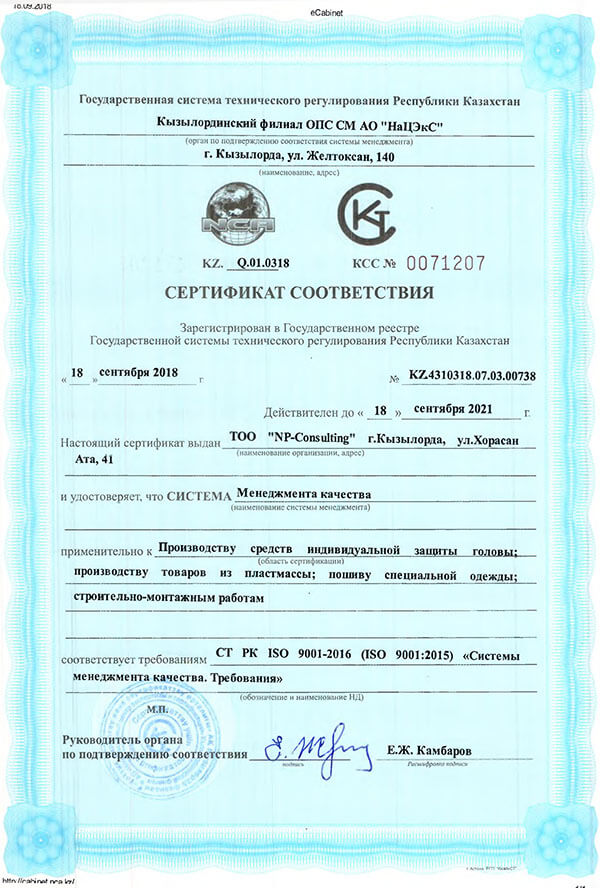Сертификат ТОО NP Consulting